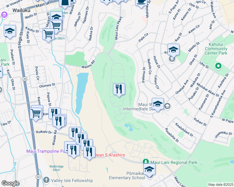 map of restaurants, bars, coffee shops, grocery stores, and more near 31 Inoa Po Place in Kahului