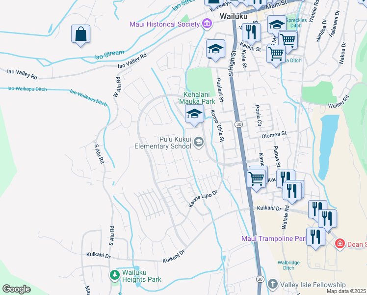 map of restaurants, bars, coffee shops, grocery stores, and more near 281 Pua Kalaunu in Wailuku