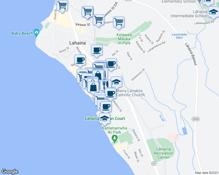 map of restaurants, bars, coffee shops, grocery stores, and more near 760 Wainee Street in Lahaina