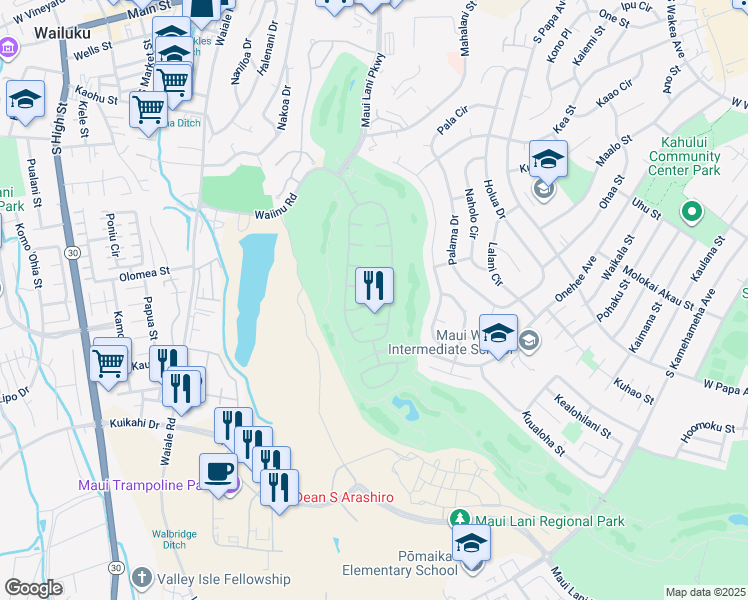 map of restaurants, bars, coffee shops, grocery stores, and more near 20 Pahee Place in Kahului