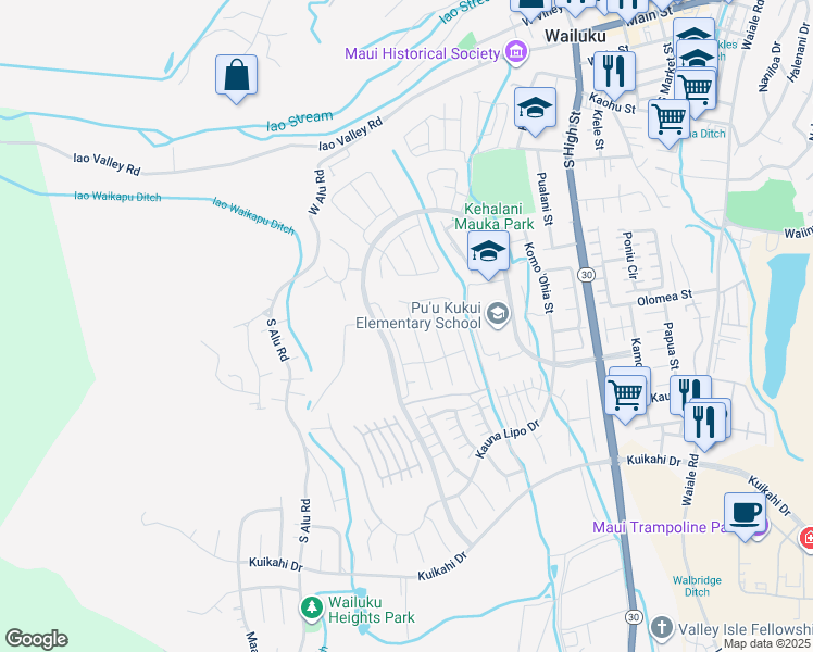 map of restaurants, bars, coffee shops, grocery stores, and more near 105 Pua Kalaunu in Wailuku