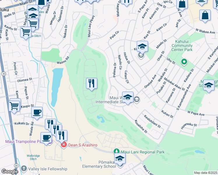 map of restaurants, bars, coffee shops, grocery stores, and more near 190 Puumakani Street in Kahului
