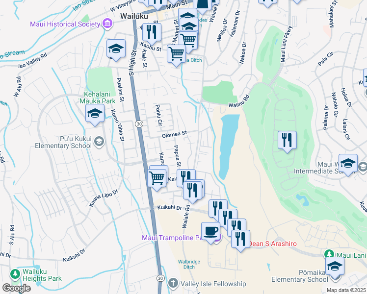 map of restaurants, bars, coffee shops, grocery stores, and more near 642 Meakanu Lane in Wailuku