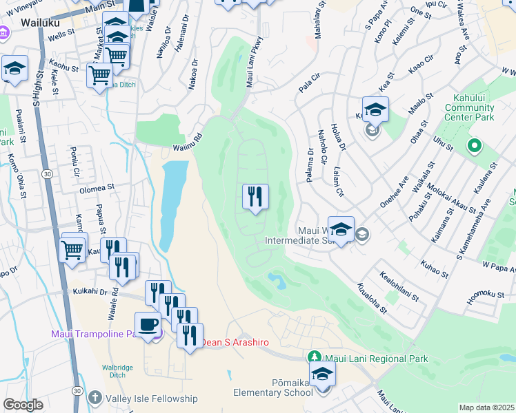 map of restaurants, bars, coffee shops, grocery stores, and more near 20 Pahee Place in Kahului