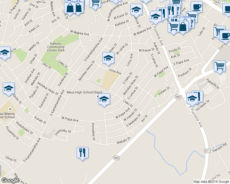 map of restaurants, bars, coffee shops, grocery stores, and more near 471 Laau Street in Kahului
