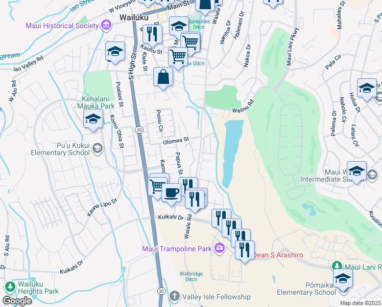 map of restaurants, bars, coffee shops, grocery stores, and more near 636 Meakanu Lane in Wailuku