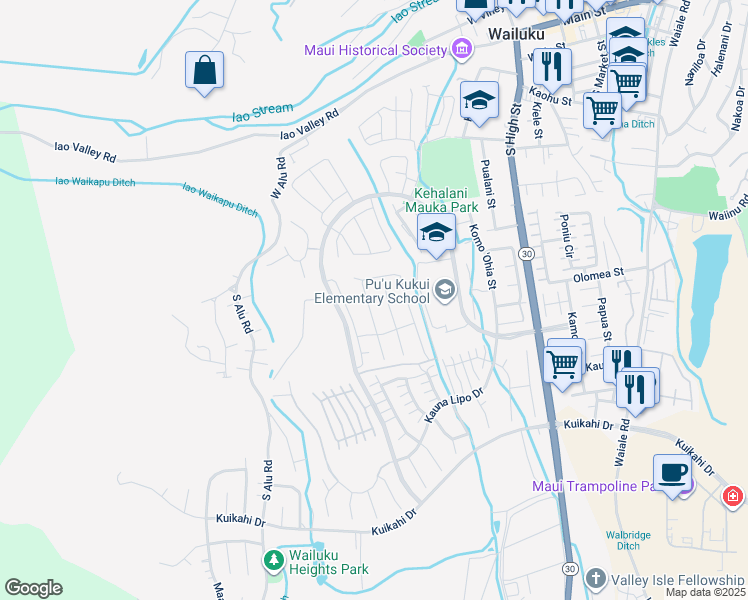 map of restaurants, bars, coffee shops, grocery stores, and more near 102 Pua Kalaunu in Wailuku