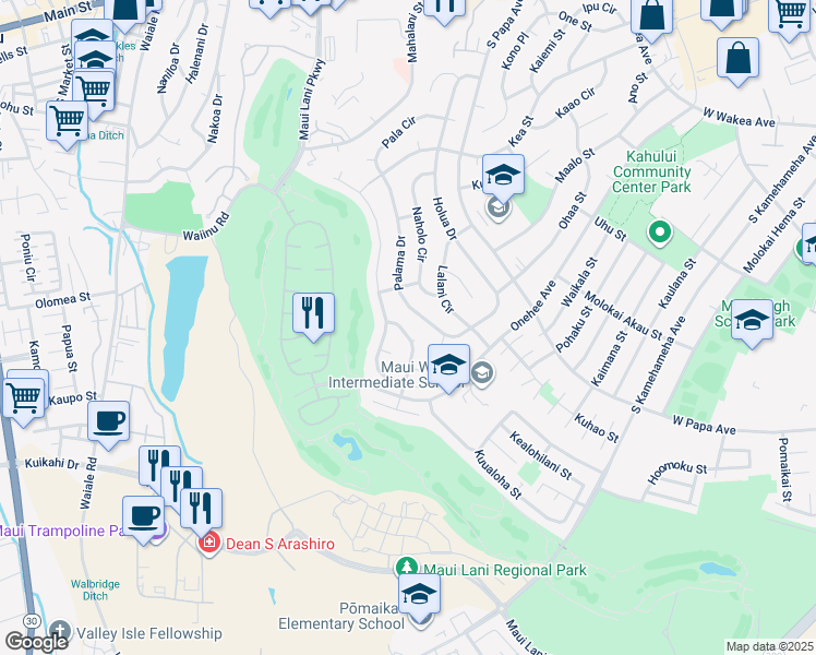 map of restaurants, bars, coffee shops, grocery stores, and more near 192 Huluhulu Street in Kahului