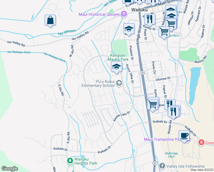 map of restaurants, bars, coffee shops, grocery stores, and more near 276 Pua Kalaunu in Wailuku