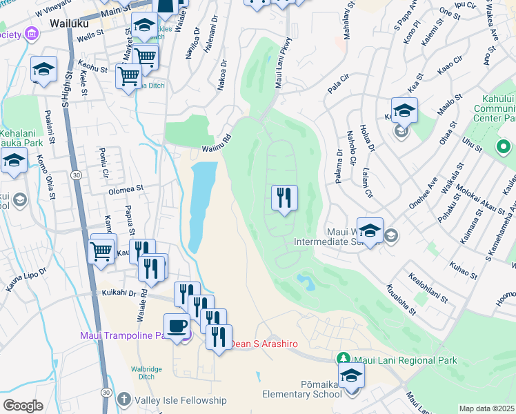 map of restaurants, bars, coffee shops, grocery stores, and more near 349 Kamalei Circle in Kahului