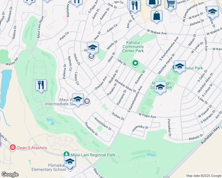 map of restaurants, bars, coffee shops, grocery stores, and more near 588 Pohaku Street in Kahului