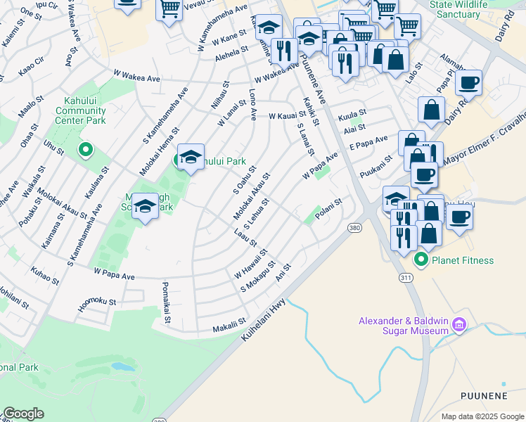 map of restaurants, bars, coffee shops, grocery stores, and more near 215 South Lehua Street in Kahului