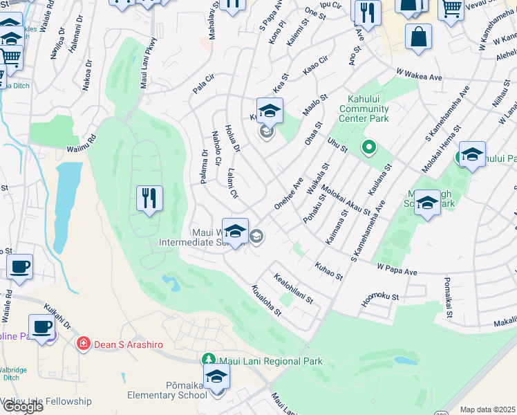 map of restaurants, bars, coffee shops, grocery stores, and more near 649 Holua Drive in Kahului
