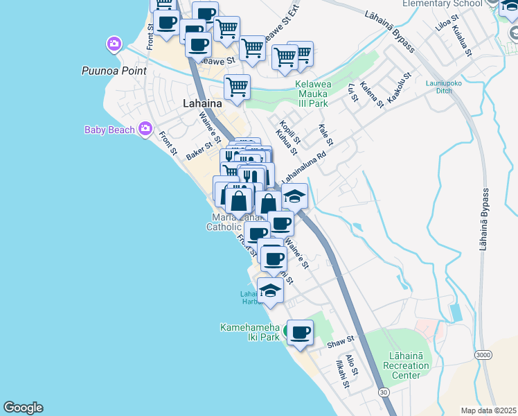 map of restaurants, bars, coffee shops, grocery stores, and more near 196 Lahainaluna Road in Lahaina