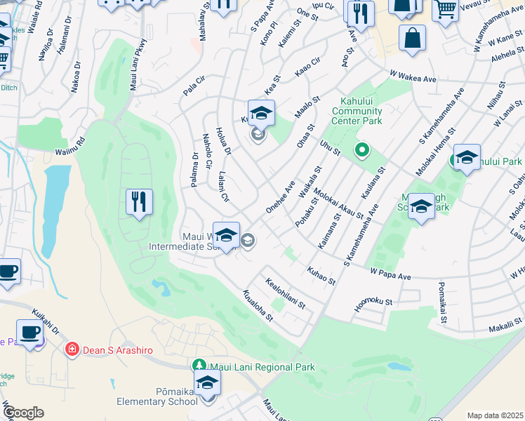 map of restaurants, bars, coffee shops, grocery stores, and more near 726 Onehee Avenue in Kahului
