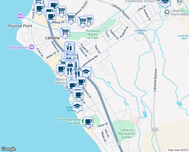 map of restaurants, bars, coffee shops, grocery stores, and more near 308 Dickenson Street in Lahaina