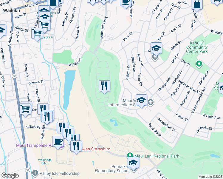 map of restaurants, bars, coffee shops, grocery stores, and more near 173 Kamalei Circle in Kahului