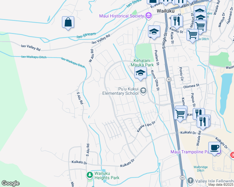 map of restaurants, bars, coffee shops, grocery stores, and more near 111 Pua Kalaunu in Wailuku