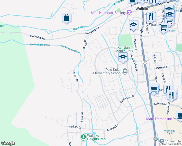 map of restaurants, bars, coffee shops, grocery stores, and more near North Laikeha Place in Wailuku