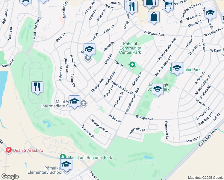 map of restaurants, bars, coffee shops, grocery stores, and more near 581 Pohaku Street in Kahului