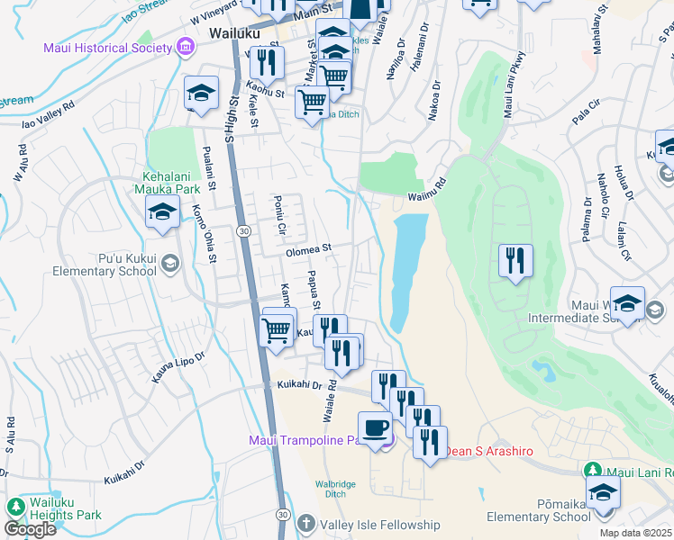 map of restaurants, bars, coffee shops, grocery stores, and more near Meakanu Lane in Wailuku