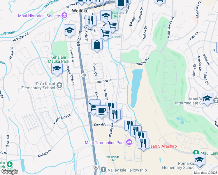 map of restaurants, bars, coffee shops, grocery stores, and more near 644 Meakanu Lane in Wailuku