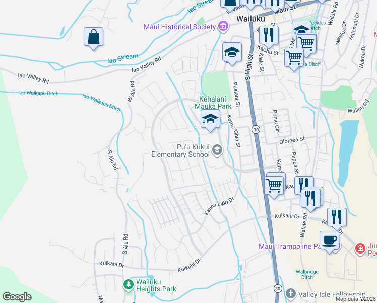 map of restaurants, bars, coffee shops, grocery stores, and more near 3700 Kehalani Mauka Parkway in Wailuku
