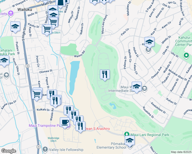 map of restaurants, bars, coffee shops, grocery stores, and more near 355 Kamalei Circle in Kahului