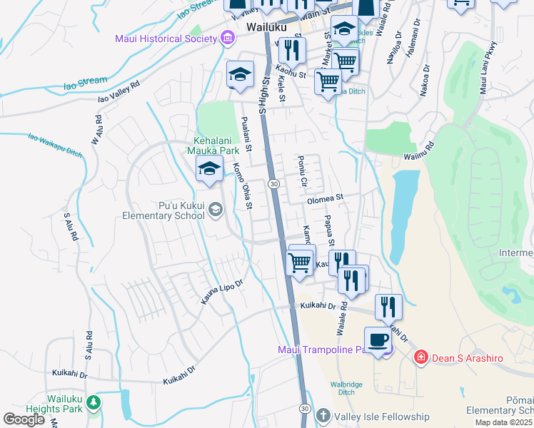 map of restaurants, bars, coffee shops, grocery stores, and more near 47 Kumulaau Ohia Loop in Wailuku