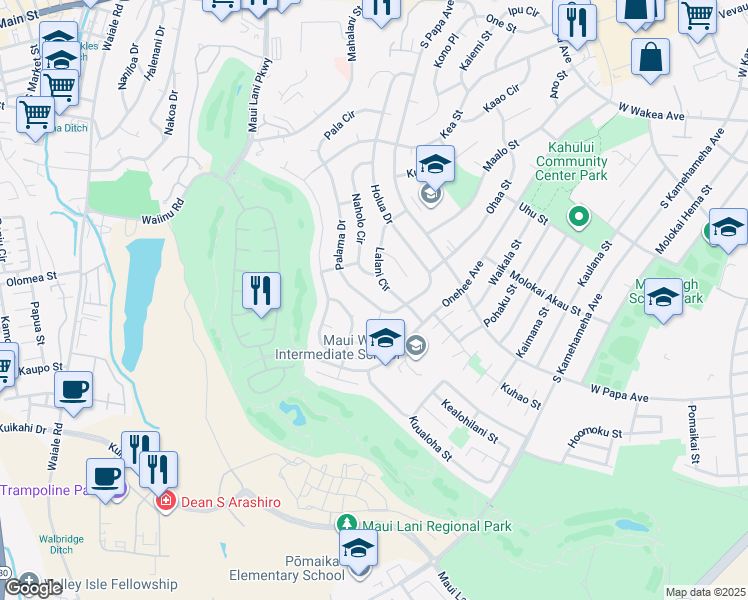 map of restaurants, bars, coffee shops, grocery stores, and more near 485 Palama Drive in Kahului