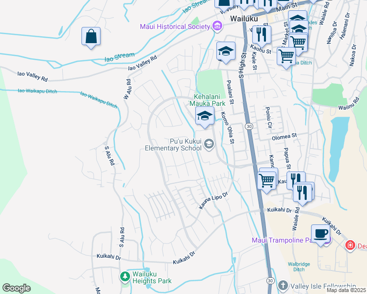map of restaurants, bars, coffee shops, grocery stores, and more near 3700 Kehalani Mauka Parkway in Wailuku