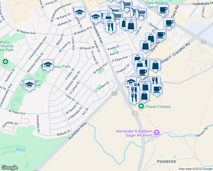 map of restaurants, bars, coffee shops, grocery stores, and more near 75 Polani Street in Kahului
