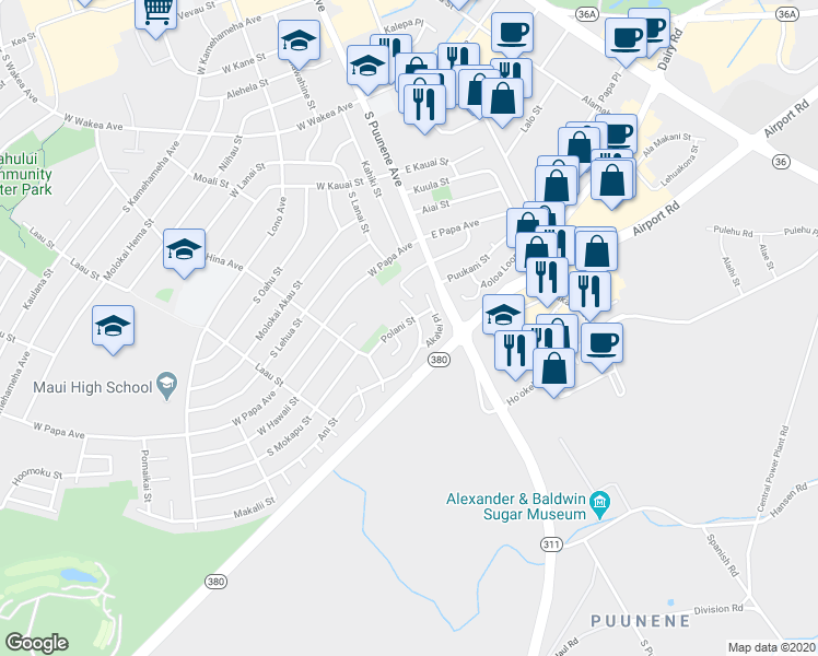 map of restaurants, bars, coffee shops, grocery stores, and more near 75 Polani Street in Kahului