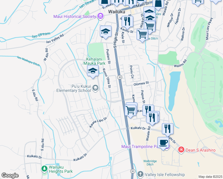 map of restaurants, bars, coffee shops, grocery stores, and more near 643 Koma 'Ohia Street in Wailuku
