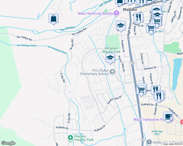 map of restaurants, bars, coffee shops, grocery stores, and more near 117 Pua Kalaunu in Wailuku