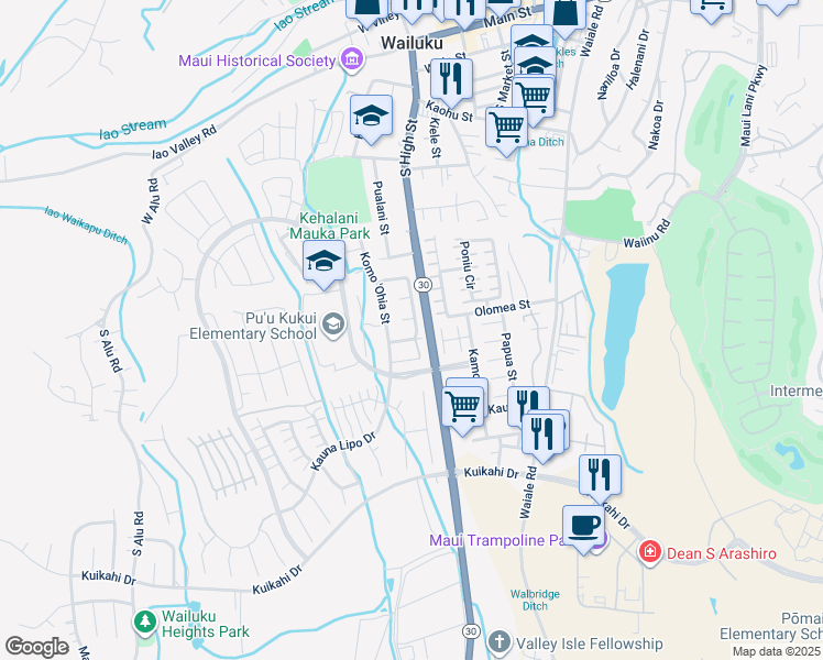 map of restaurants, bars, coffee shops, grocery stores, and more near 47 Kumulaau Ohia Loop in Wailuku