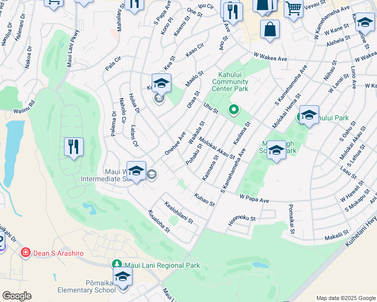 map of restaurants, bars, coffee shops, grocery stores, and more near 589 Waikala Street in Kahului