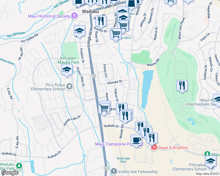 map of restaurants, bars, coffee shops, grocery stores, and more near 1899 Pohakea Place in Wailuku