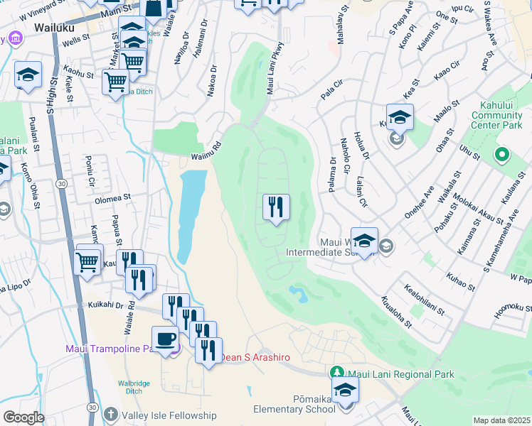 map of restaurants, bars, coffee shops, grocery stores, and more near 24 Loihi Place in Kahului