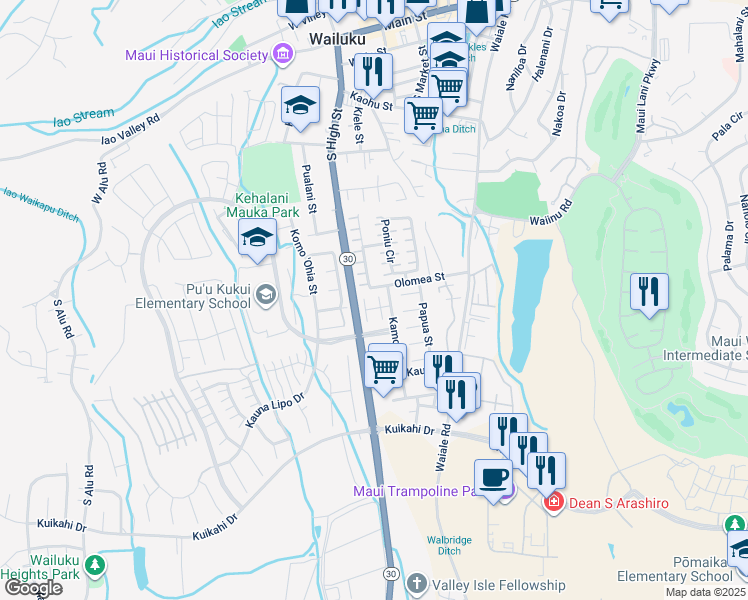 map of restaurants, bars, coffee shops, grocery stores, and more near 22 Hapua Place in Wailuku