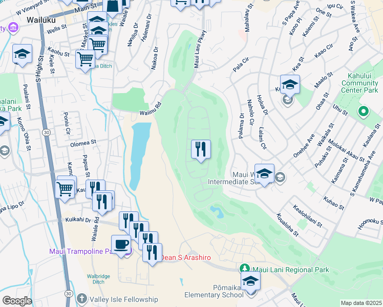 map of restaurants, bars, coffee shops, grocery stores, and more near 18 Loihi Place in Kahului