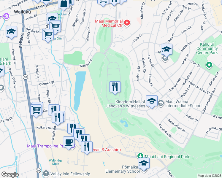 map of restaurants, bars, coffee shops, grocery stores, and more near 24 Loihi Place in Kahului