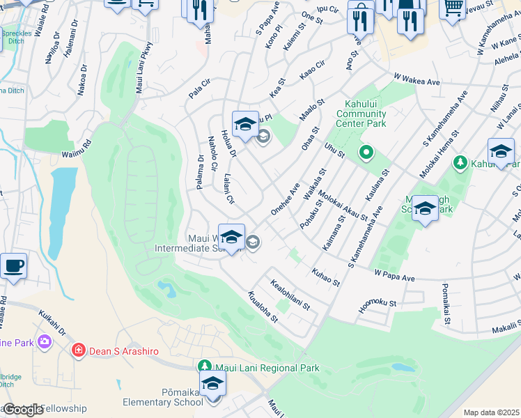 map of restaurants, bars, coffee shops, grocery stores, and more near 639 Holua Drive in Kahului