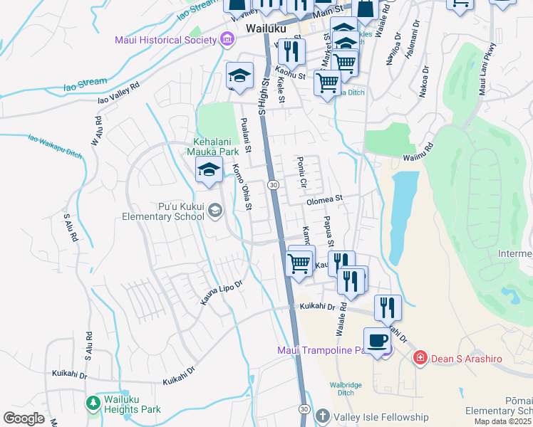 map of restaurants, bars, coffee shops, grocery stores, and more near 47 Kumulaau Ohia Loop in Wailuku