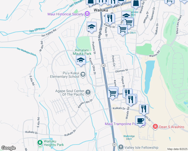 map of restaurants, bars, coffee shops, grocery stores, and more near 640 Koma 'Ohia Street in Wailuku