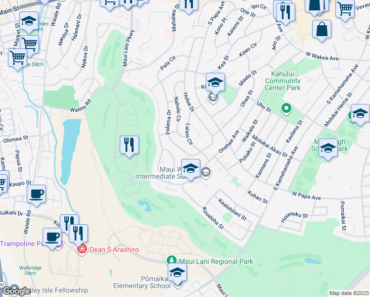 map of restaurants, bars, coffee shops, grocery stores, and more near 485 Palama Drive in Kahului