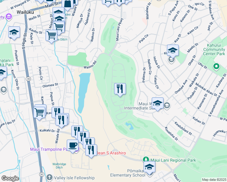 map of restaurants, bars, coffee shops, grocery stores, and more near 18 Loihi Place in Kahului
