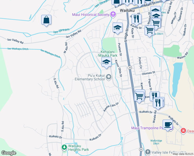 map of restaurants, bars, coffee shops, grocery stores, and more near 263 Pua Kalaunu in Wailuku