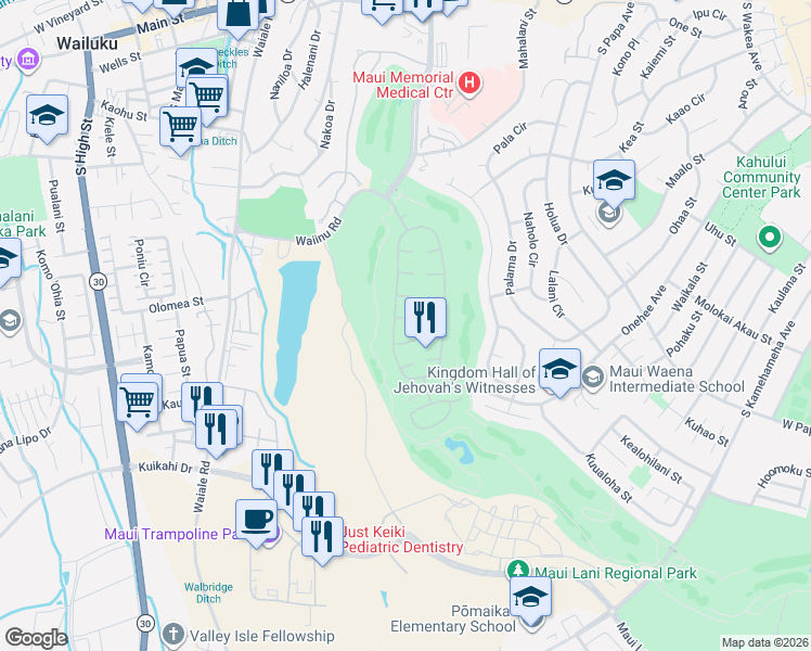 map of restaurants, bars, coffee shops, grocery stores, and more near 24 Loihi Place in Kahului