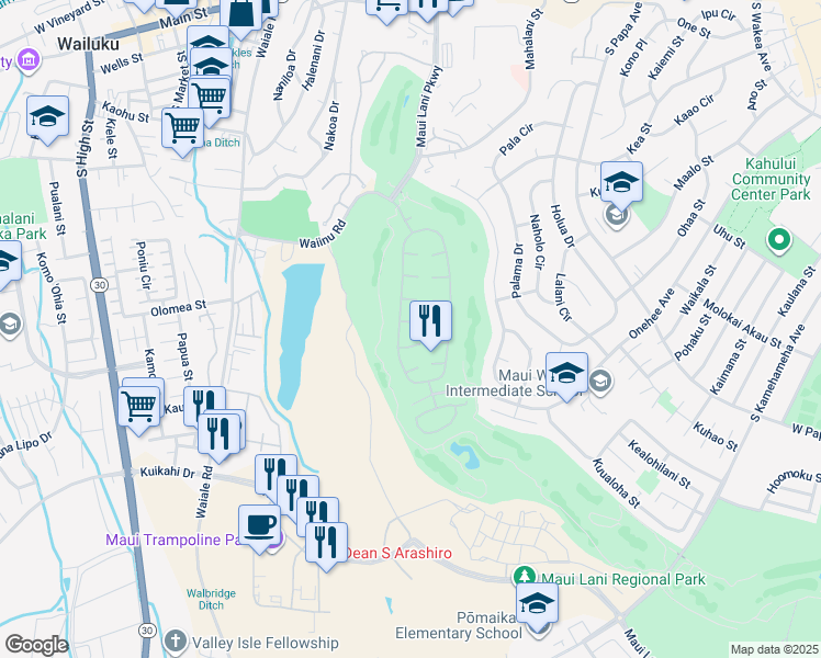 map of restaurants, bars, coffee shops, grocery stores, and more near 24 Loihi Place in Kahului